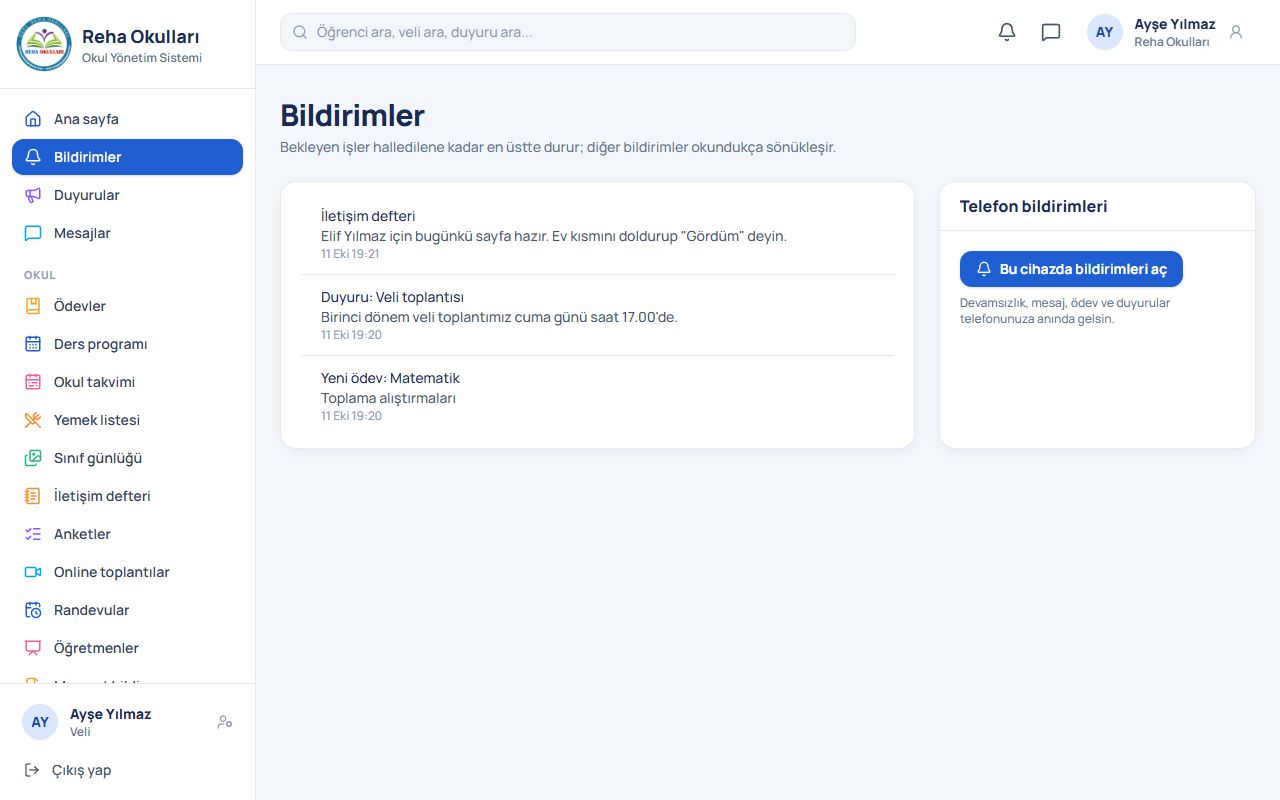 Öğrenci: Bildirimler ve hesabım ekranı