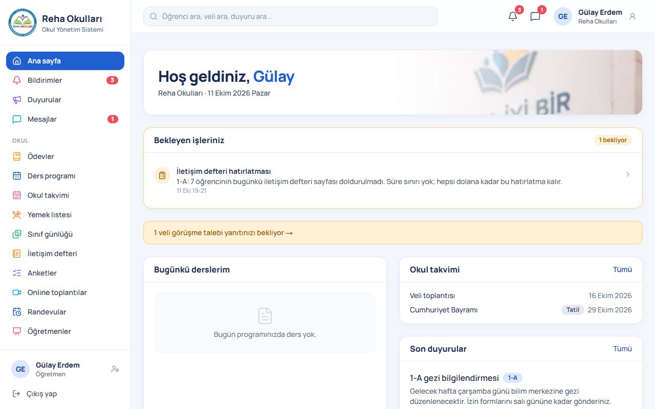 Öğretmen: Ana sayfa ekranı