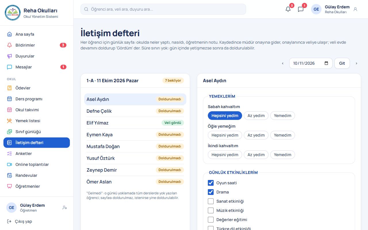 Öğretmen: İletişim defteri ekranı