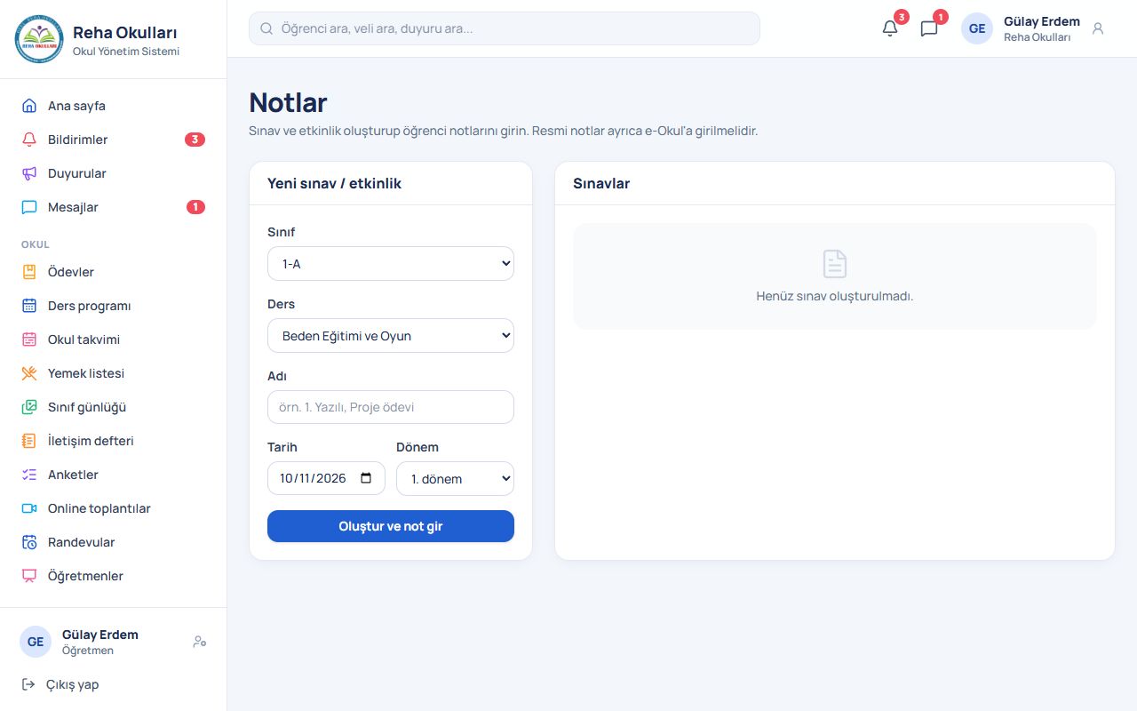 Öğretmen: Notlar ekranı