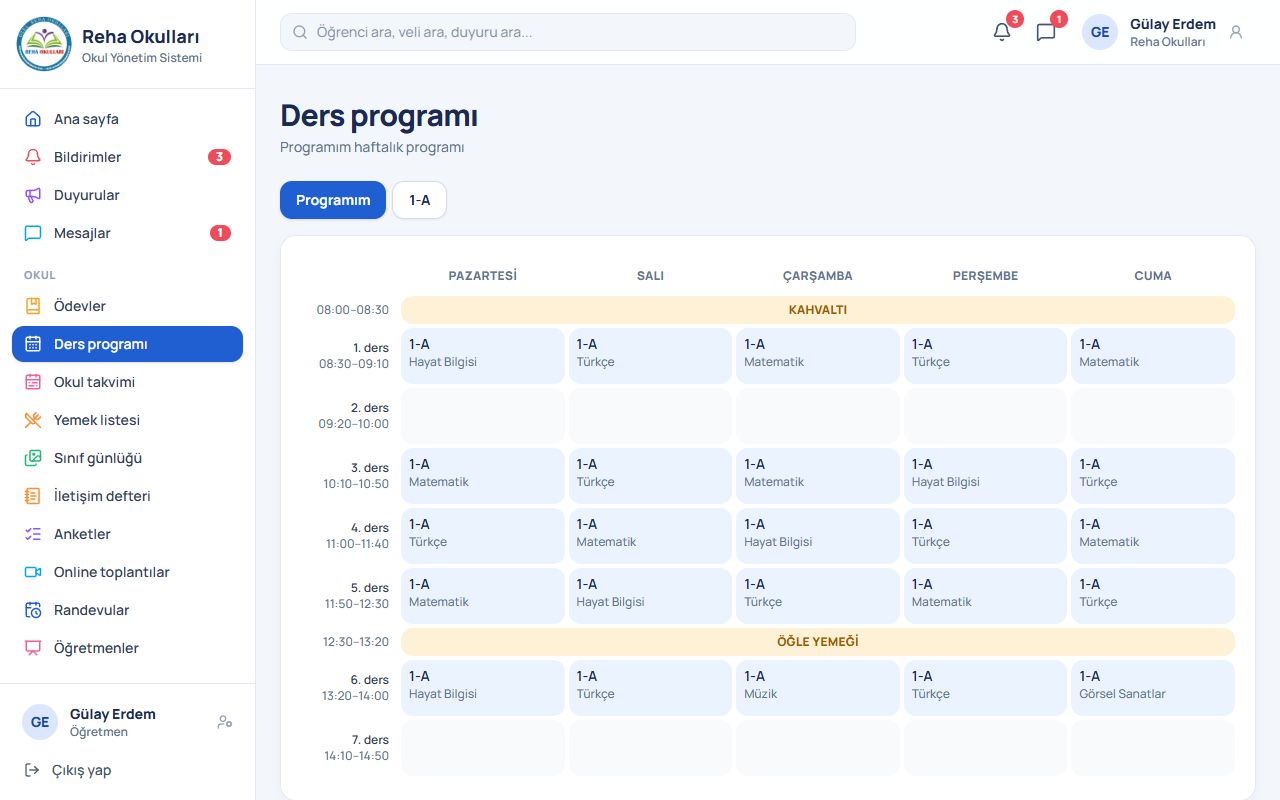 Öğretmen: Ders programı, takvim ve geçici görev ekranı
