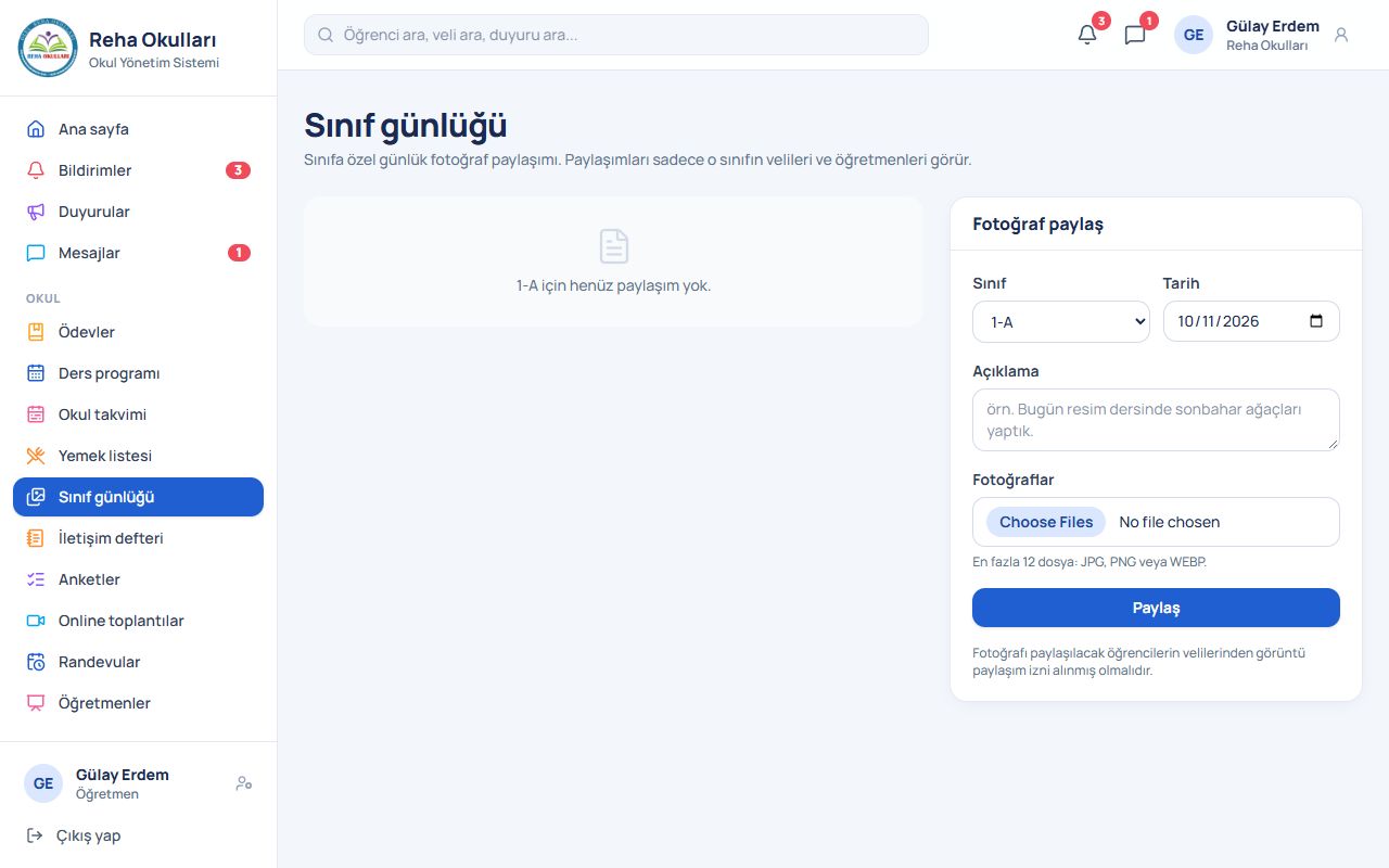 Öğretmen: Duyuru, sınıf günlüğü ve anket ekranı