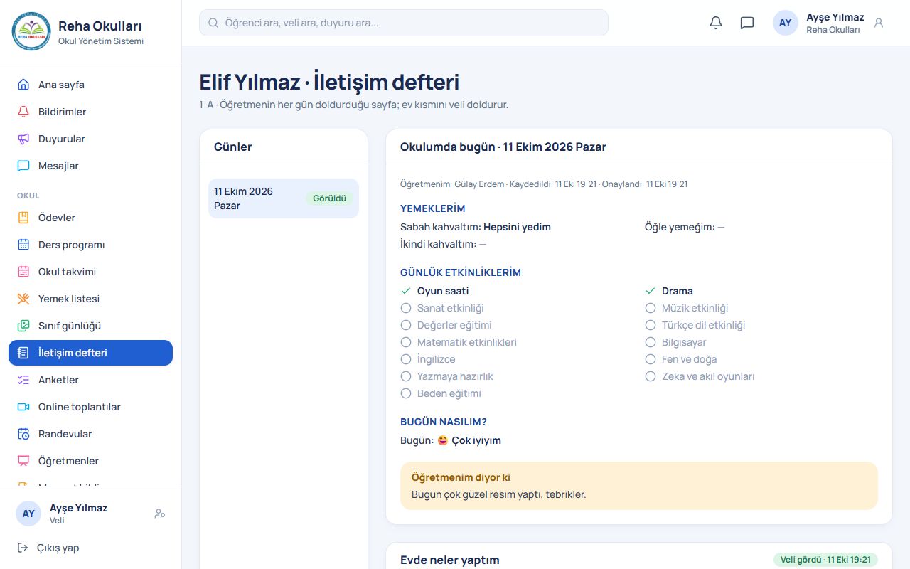Veli: İletişim defteri ekranı