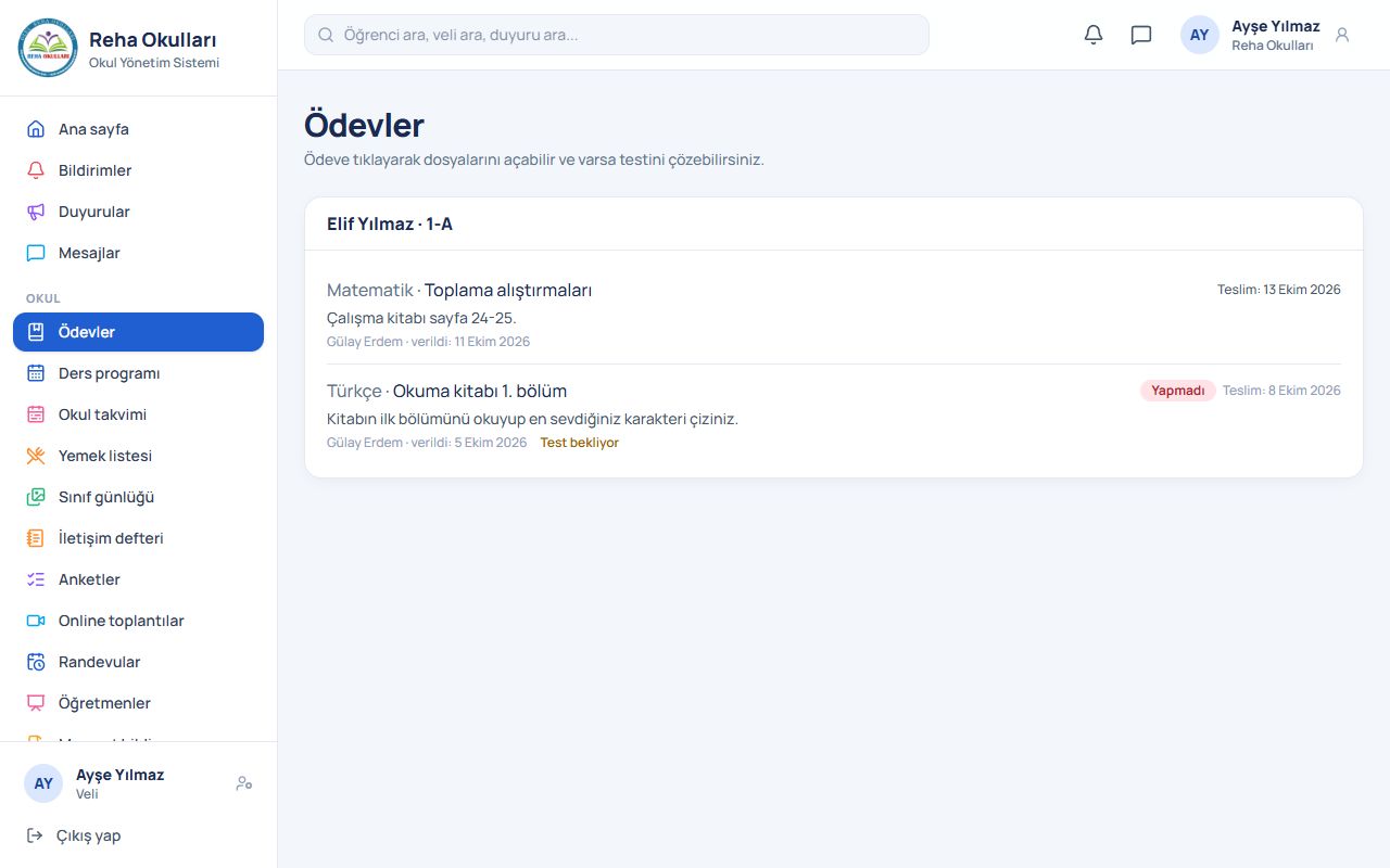 Veli: Ödevler ekranı
