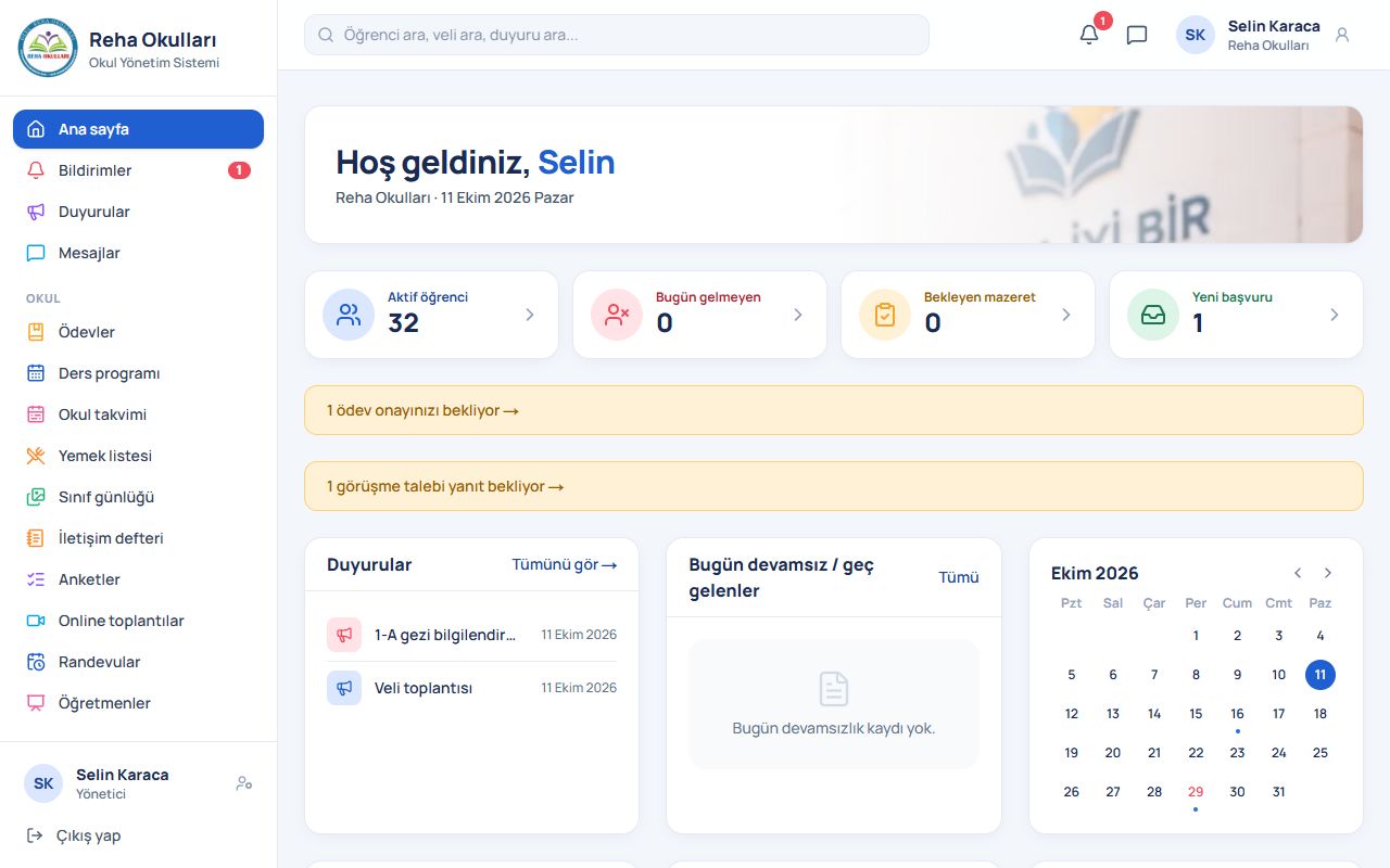 Okul yönetimi: Ana sayfa ekranı