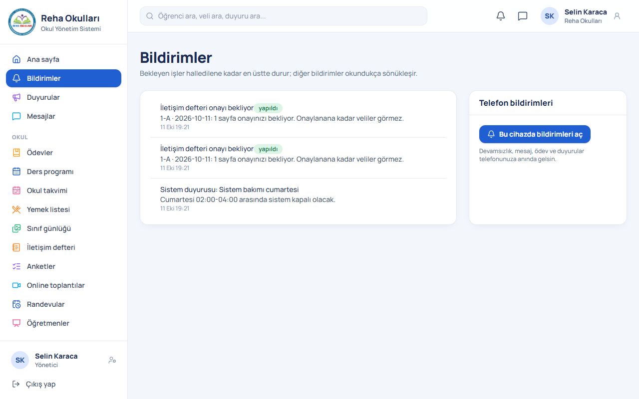 Okul yönetimi: Bildirimler ve hesabım ekranı