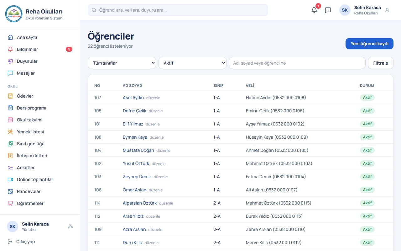 Okul yönetimi: Öğrenci kaydı ve ön kayıt ekranı