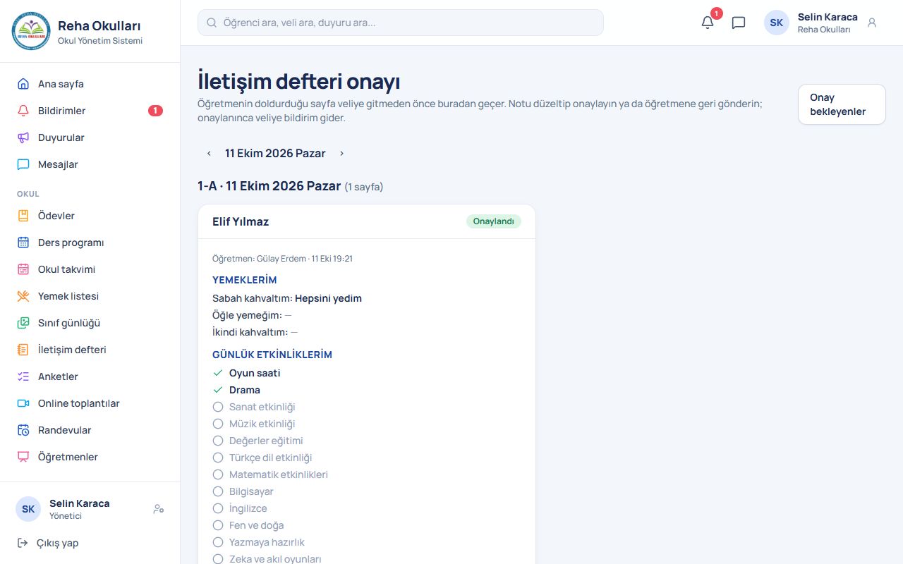 Okul yönetimi: Onaylar: ödev ve iletişim defteri ekranı